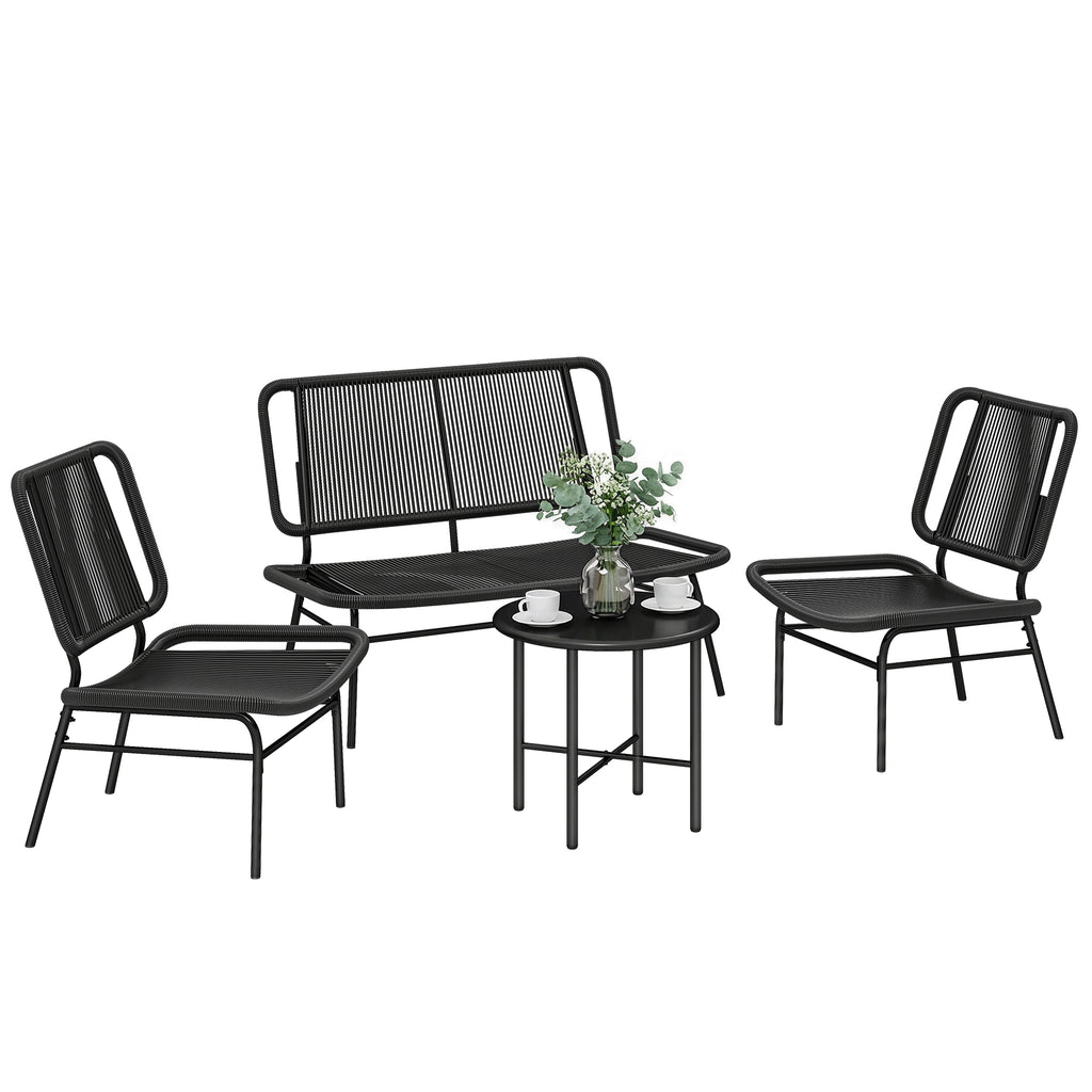 Solarias Ensemble mobilier de jardin en rotin 4 pièces, canapé extérieur avec table métal, noir