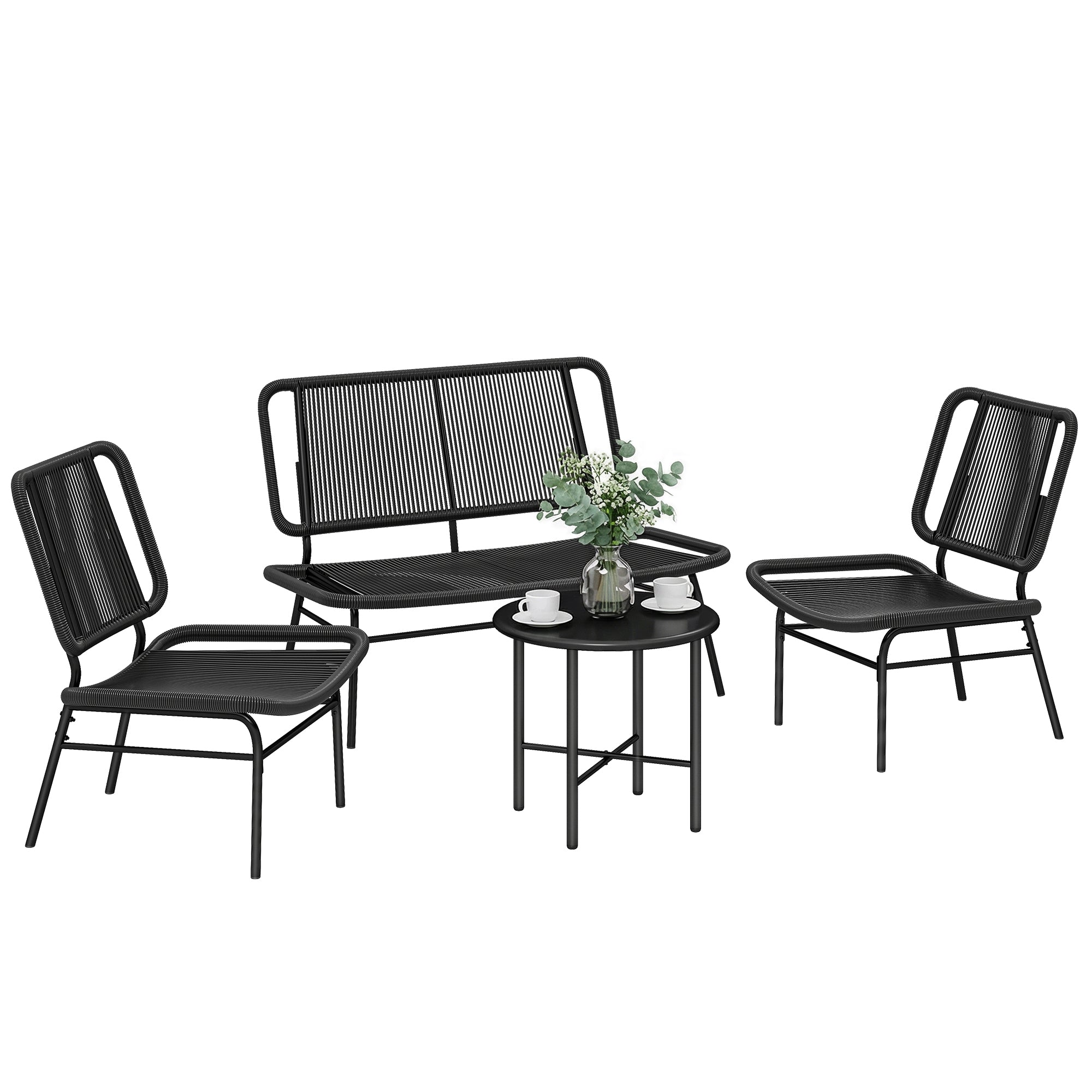 Solarias Ensemble mobilier de jardin en rotin 4 pièces, canapé extérieur avec table métal, noir