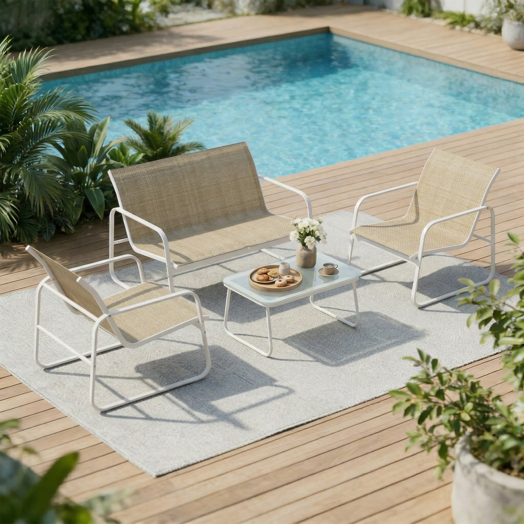 Solarias Salon de Jardin 4 Pièces avec Canapé 2 Places, 2 Fauteuils et Table, en Acier Textilène Verre Trempé, 112x73x74 cm,