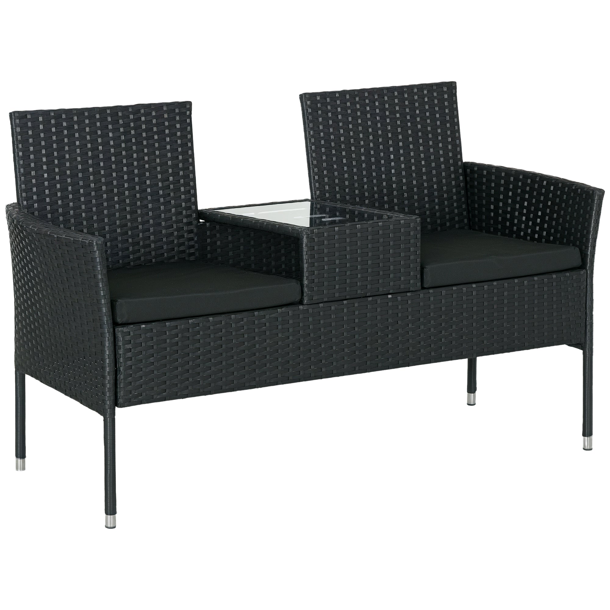 Solarias Canapé de Jardin 2 Places avec Table Basse, en Acier et Rotin PE, 137x59x82 cm, Noir