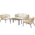 Solarias Ensemble de jardin pour 4 personnes, salon de jardin avec canapé 2 places, 2 fauteuils, table à lames, tressage cor