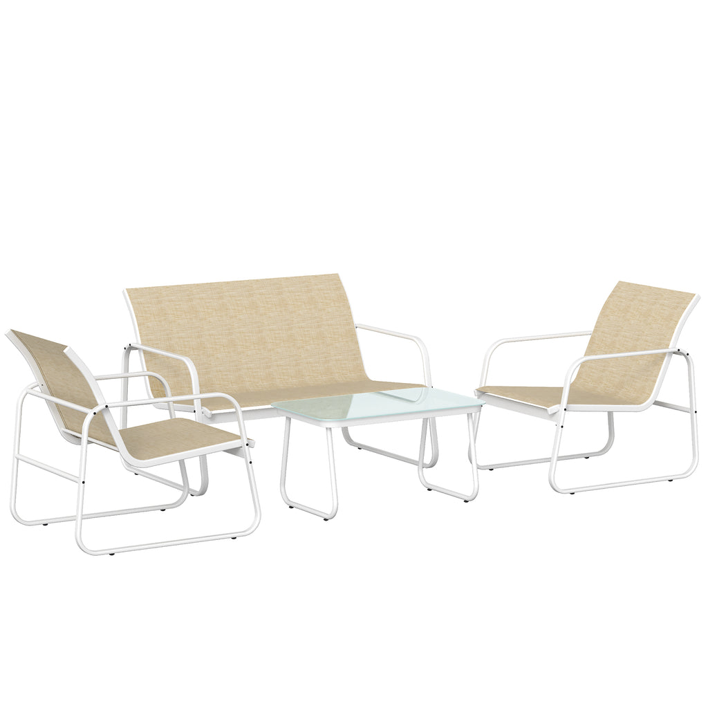 Solarias Salon de Jardin 4 Pièces avec Canapé 2 Places, 2 Fauteuils et Table, en Acier Textilène Verre Trempé, 112x73x74 cm,