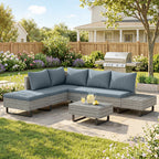 Solarias Salon de Jardin d'Angle en Résine Tressée 5 Places Modulable avec Méridienne Réglable avec Table en Composite Gris