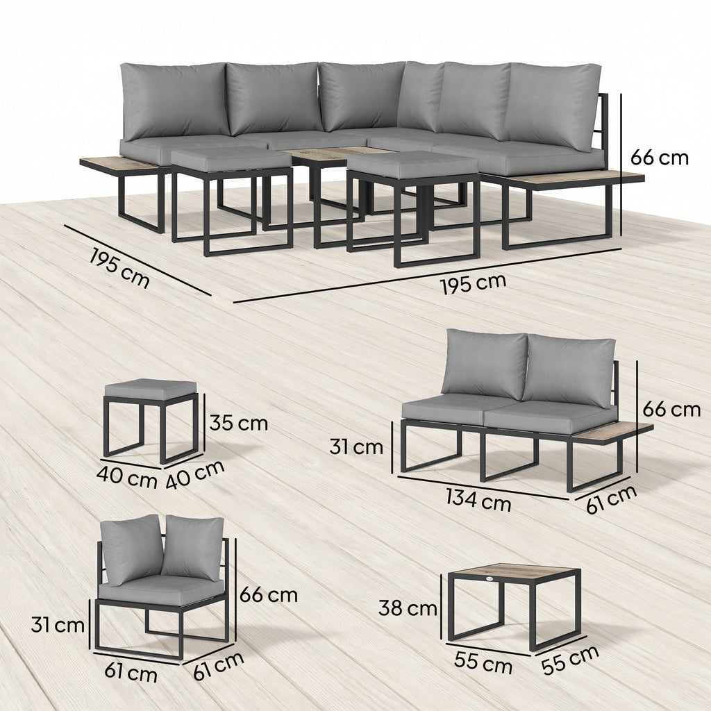 Solarias Salon de jardin extérieur 6 personnes modulable table basse et plateaux latéraux en bois PSPC coussins épais 10cm g