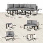 Solarias Salon de jardin extérieur 6 personnes modulable table basse et plateaux latéraux en bois PSPC coussins épais 10cm g