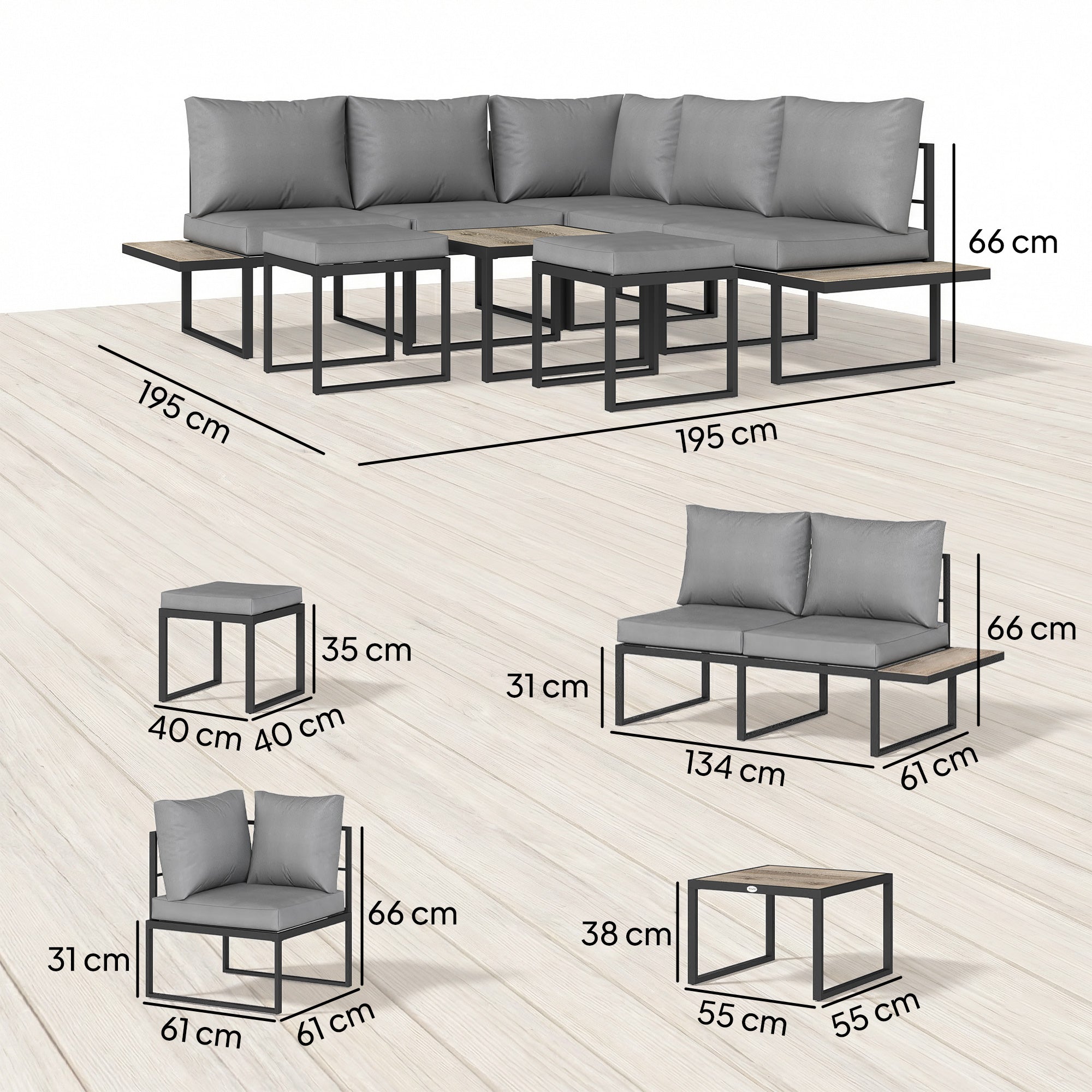 Solarias Salon de jardin extérieur 6 personnes modulable table basse et plateaux latéraux en bois PSPC coussins épais 10cm g