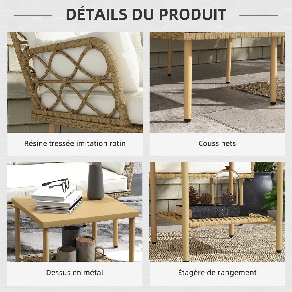 Solarias Salon de jardin d'angle 4 pers. 3 pièces avec 1 table basse coussins grand confort inclus résine tressée crème