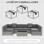 Solarias Ensemble salon de jardin 7 pièces modulables table basse plateau verre trempé coussins déhoussables inclus gris