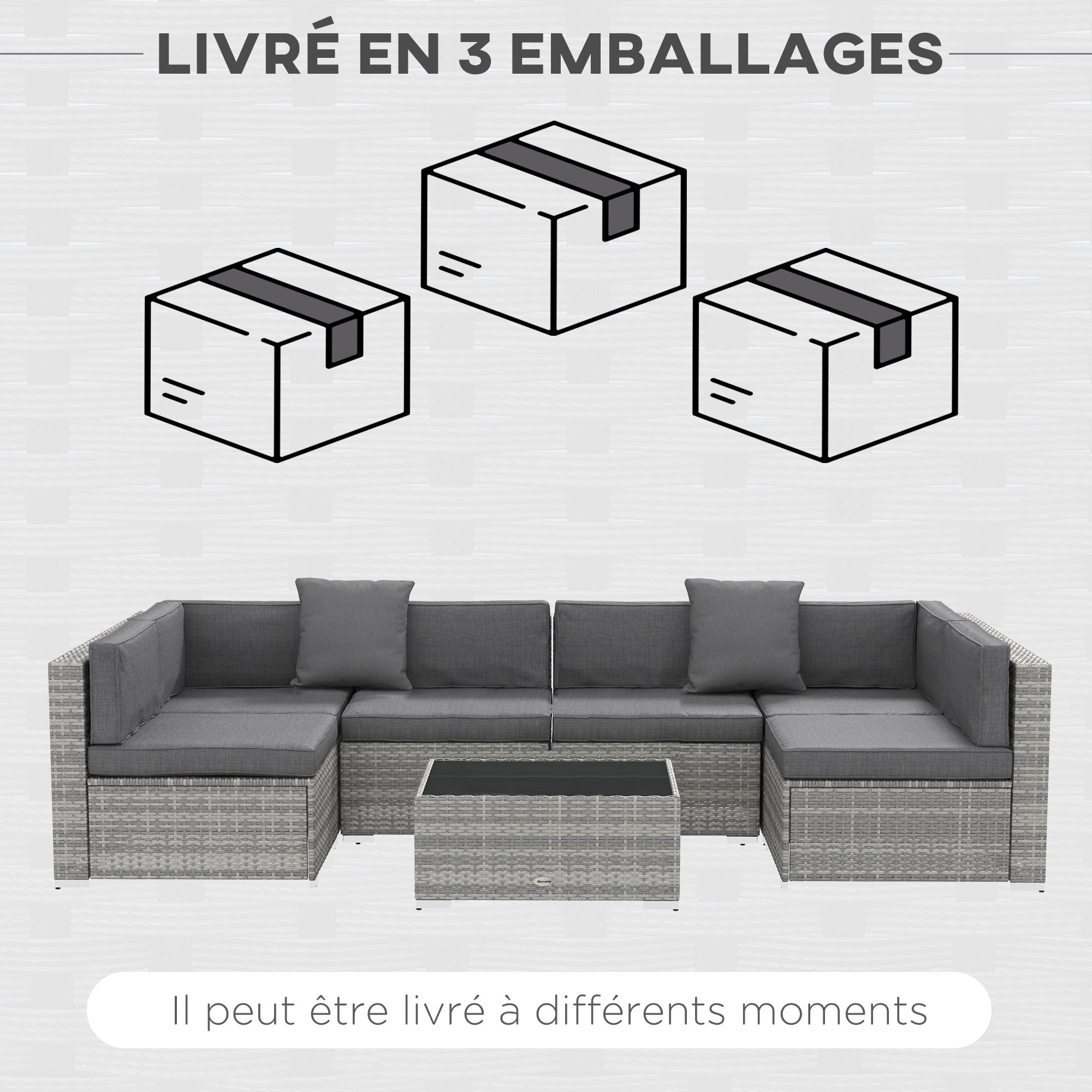 Solarias Ensemble salon de jardin 7 pièces modulables table basse plateau verre trempé coussins déhoussables inclus gris