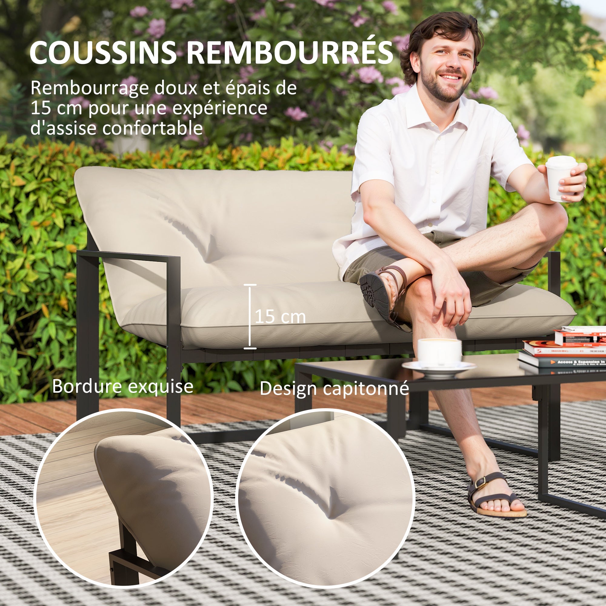 Solarias Salon de jardin 4 pièces 4 personnes avec canapé 2 places, 2 fauteuils et 1 table basse gris