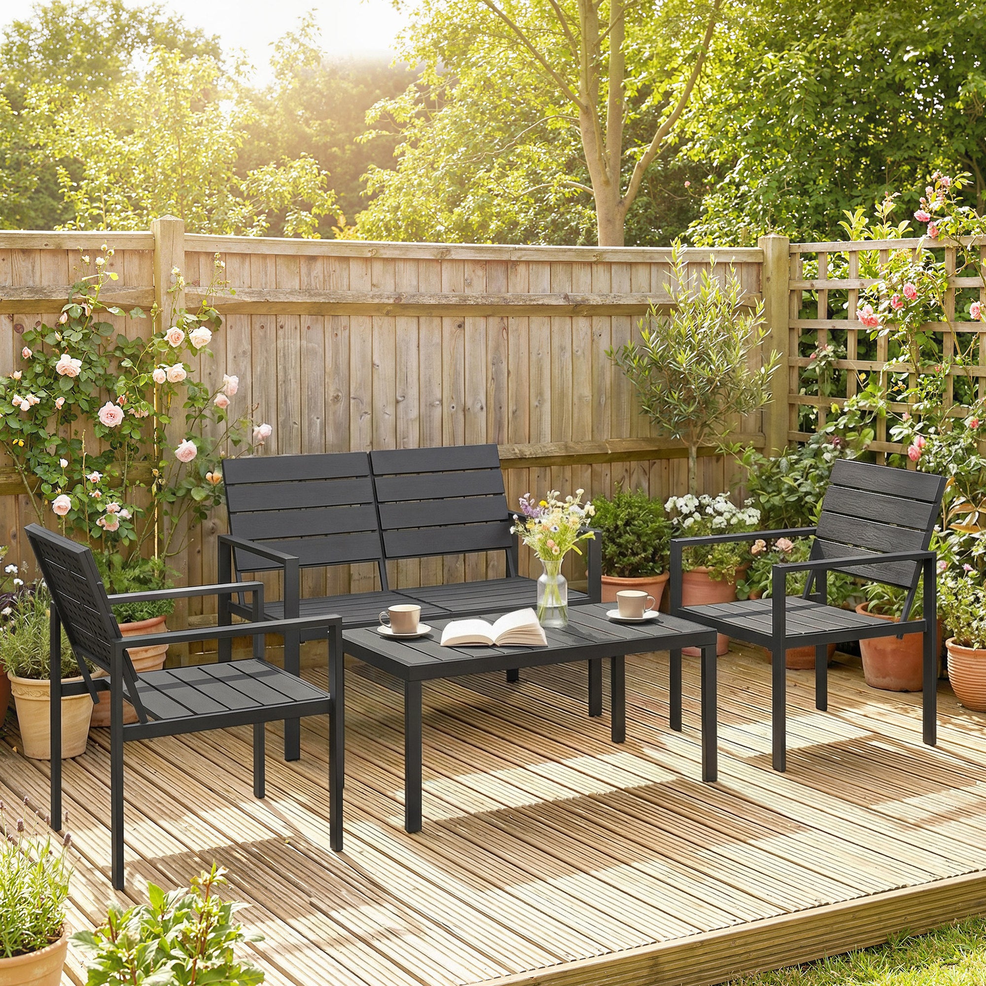 Solarias Salon de jardin extérieur 4 pièces canapé 2 places, 2 chaises et table basse, mobilier de jardin terrasse veranda, 