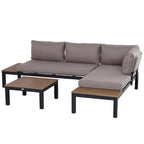 Solarias Ensemble Salon de Jardin d'angle Design Contemporain 5 Places Coussins Marron Table Basse alu. Noir et Imitation Bo