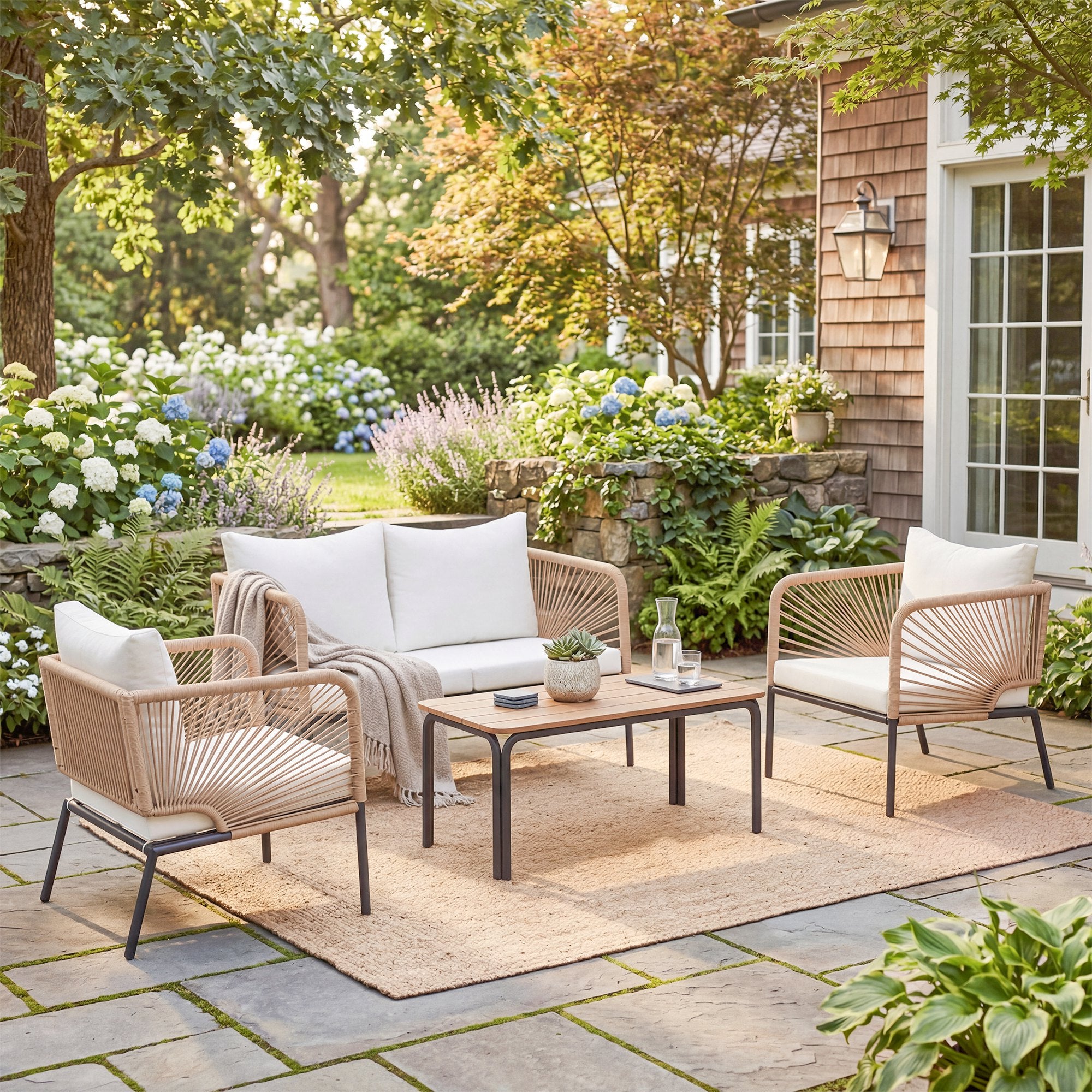 Solarias Ensemble de jardin pour 4 personnes, salon de jardin avec canapé 2 places, 2 fauteuils, table à lames, tressage cor