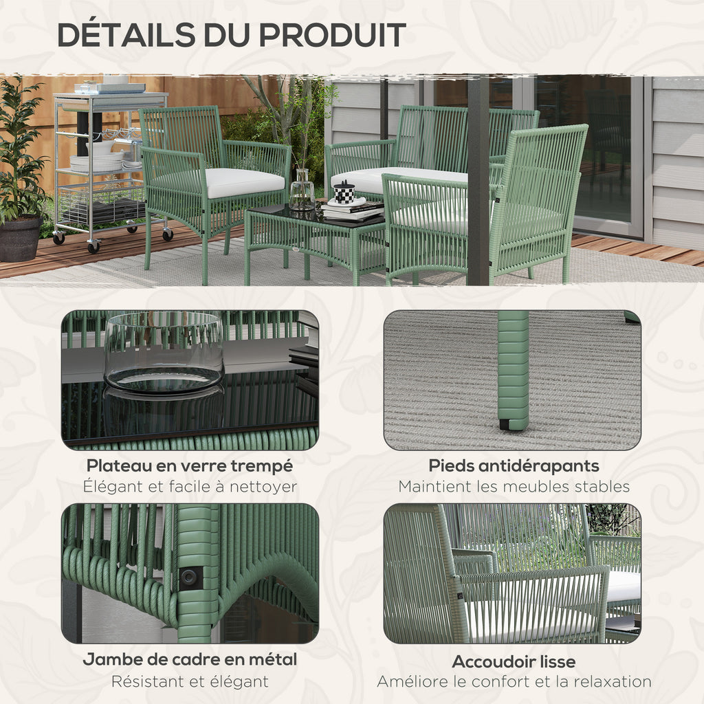 Solarias Ensemble salon de jardin 4 pièces canapé 2 places 2 fauteuils 1 table basse plateau verre trempé
