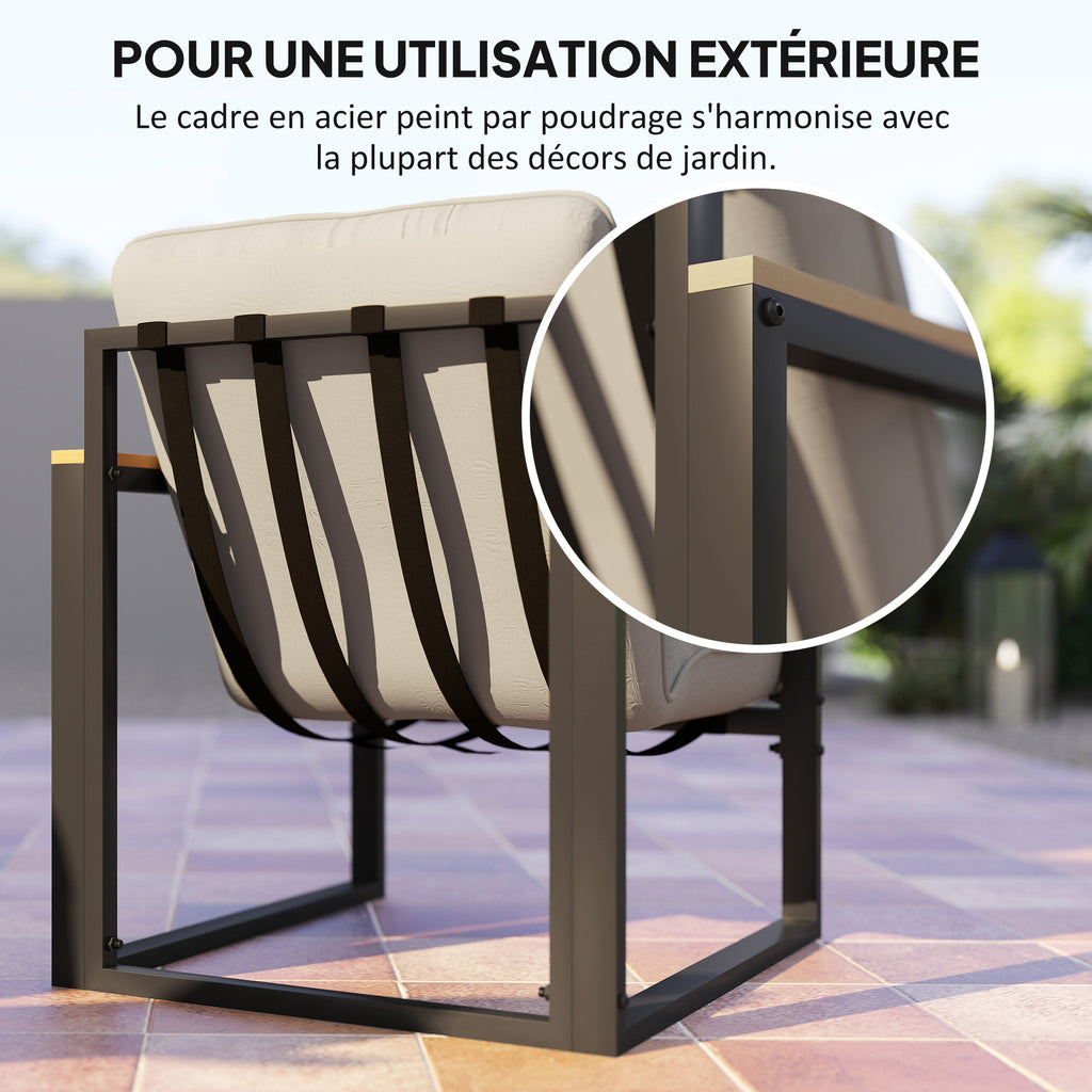 Solarias Salon de jardin extérieur 4 personnes avec canapé, 2 fauteuils et table basse en verre trempé, coussins inclus, gri