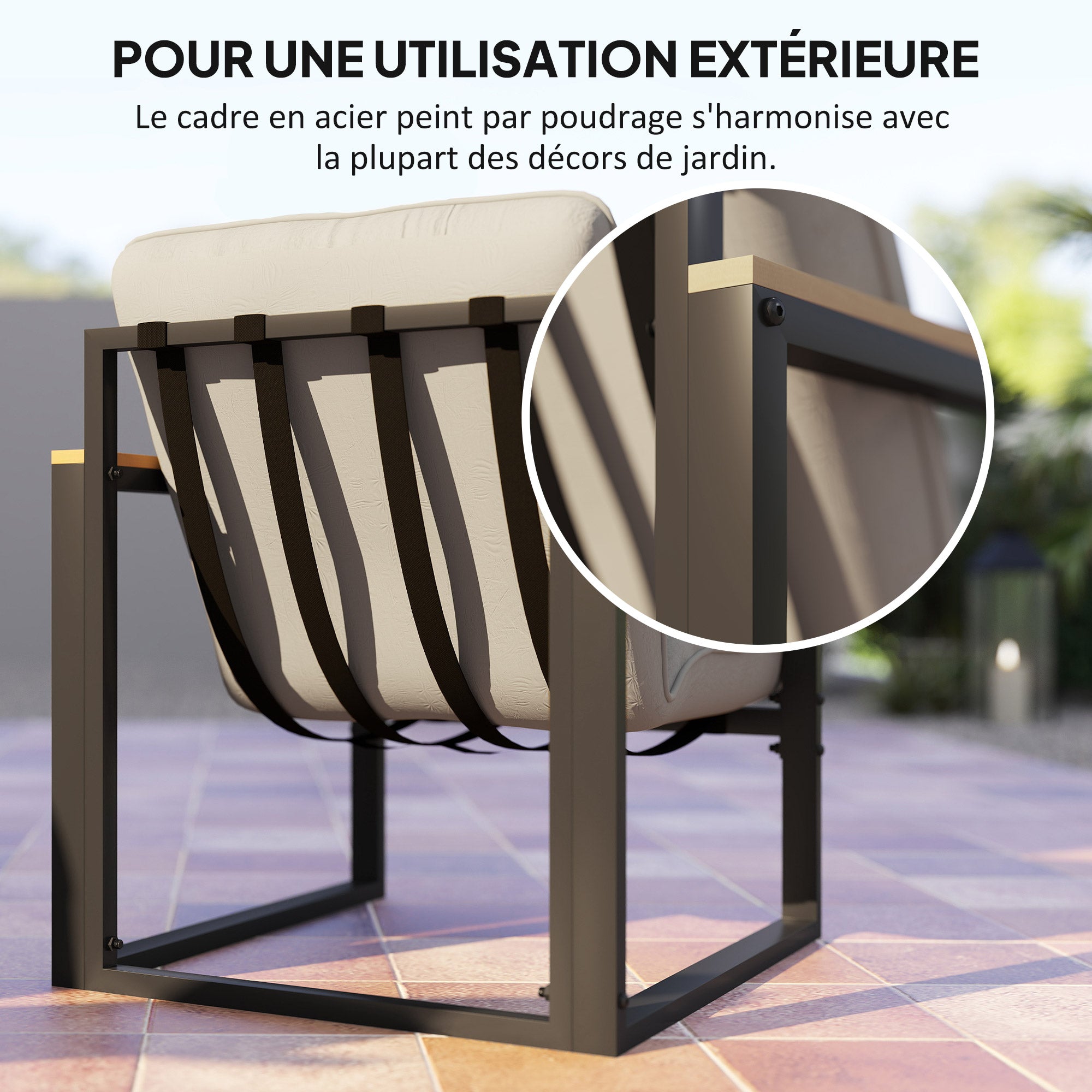 Solarias Salon de jardin extérieur 4 personnes avec canapé, 2 fauteuils et table basse en verre trempé, coussins inclus, gri