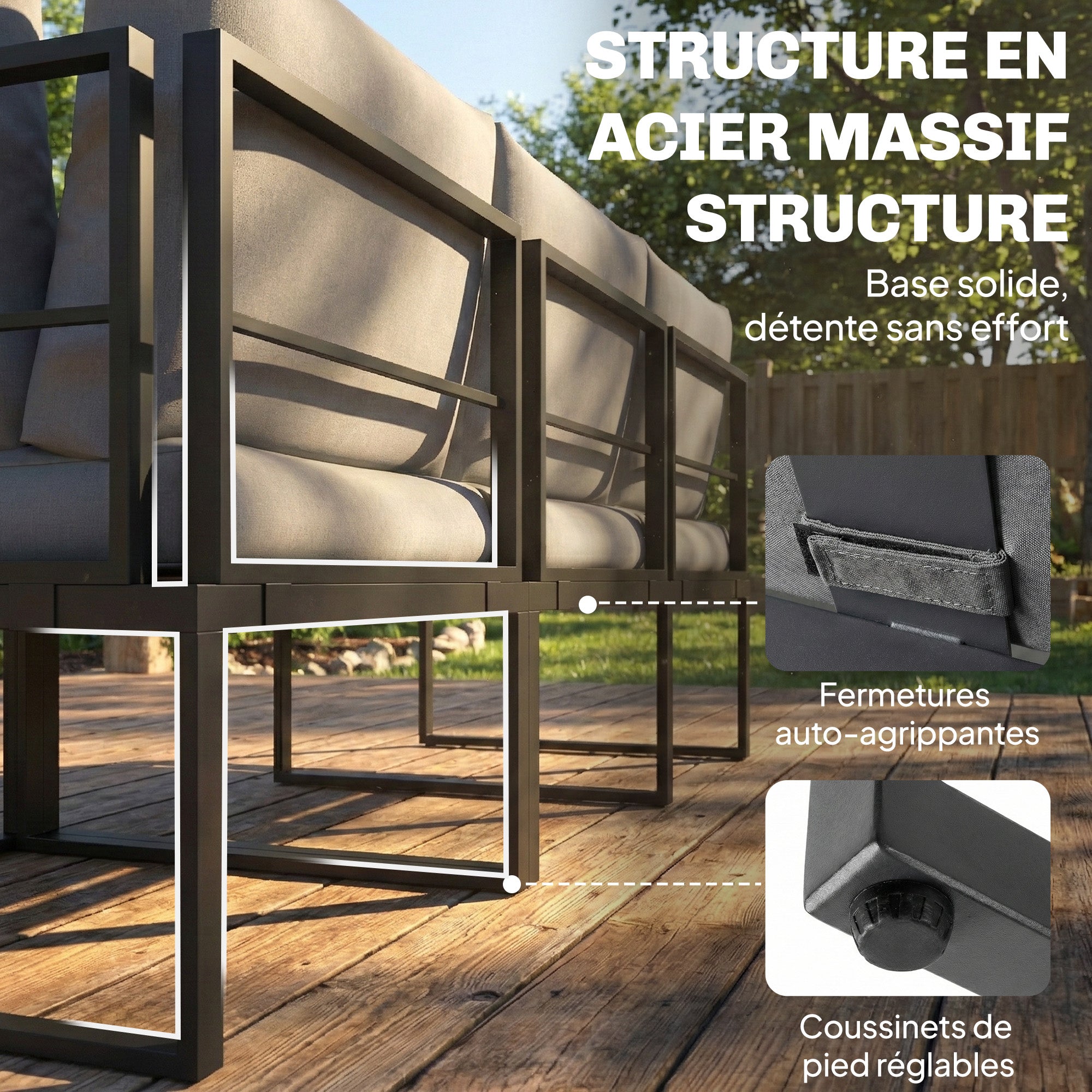 Solarias Salon de jardin extérieur 6 personnes modulable table basse et plateaux latéraux en bois PSPC coussins épais 10cm g